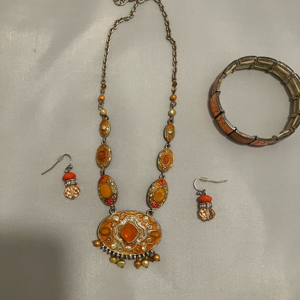 Orange and Gold Necklace, bracelet and Earring Set
